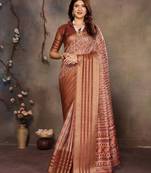 women's brown dola silk blend digital print saree with unstitched blouse piece