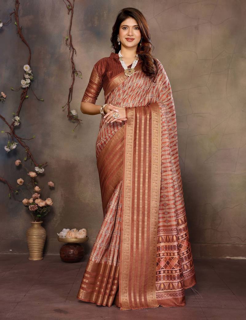 women's brown dola silk blend digital print saree with unstitched blouse piece