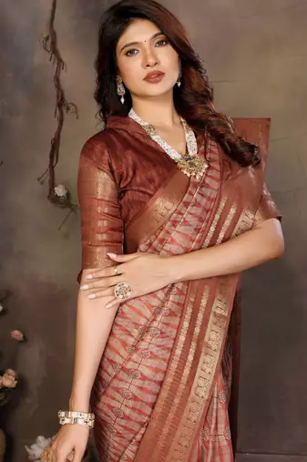 women's brown dola silk blend digital print saree with unstitched blouse piece