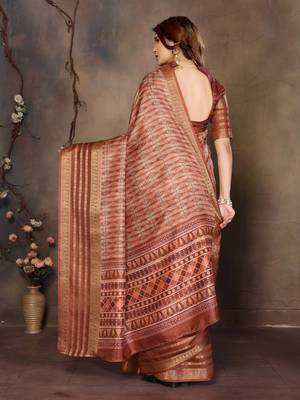 women's brown dola silk blend digital print saree with unstitched blouse piece 3