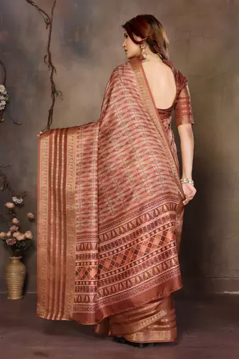 women's brown dola silk blend digital print saree with unstitched blouse piece