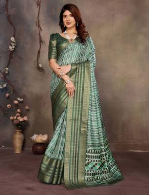 women's green dola silk blend digital print saree with unstitched blouse piece 1