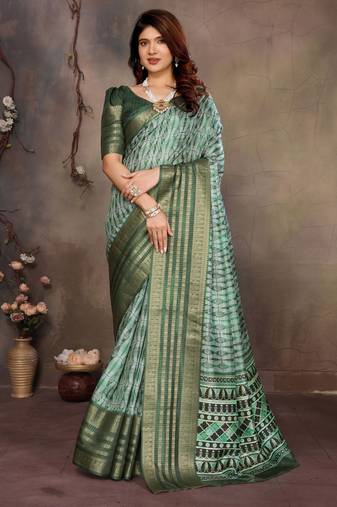 women's green dola silk blend digital print saree with unstitched blouse piece