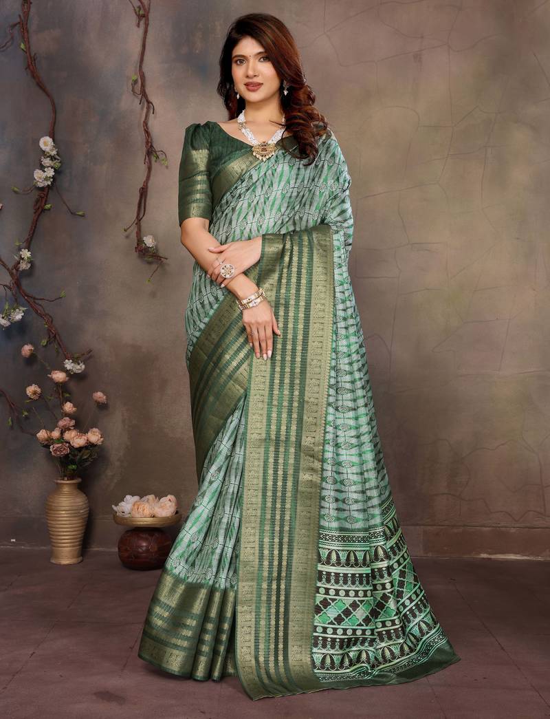 women's green dola silk blend digital print saree with unstitched blouse piece