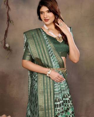 women's green dola silk blend digital print saree with unstitched blouse piece 2
