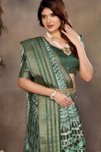 women's green dola silk blend digital print saree with unstitched blouse piece