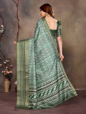 women's green dola silk blend digital print saree with unstitched blouse piece 3