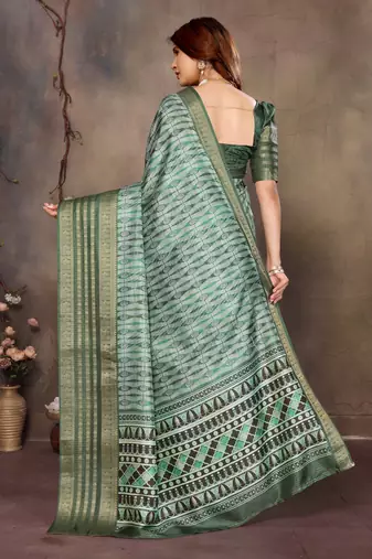 women's green dola silk blend digital print saree with unstitched blouse piece