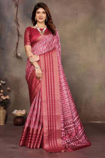 women's maroon dola silk blend digital print saree with unstitched blouse piece