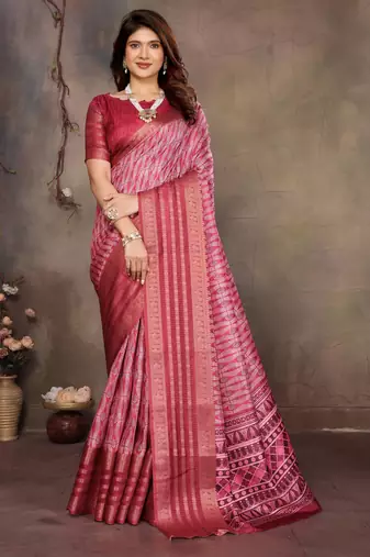 women's maroon dola silk blend digital print saree with unstitched blouse piece