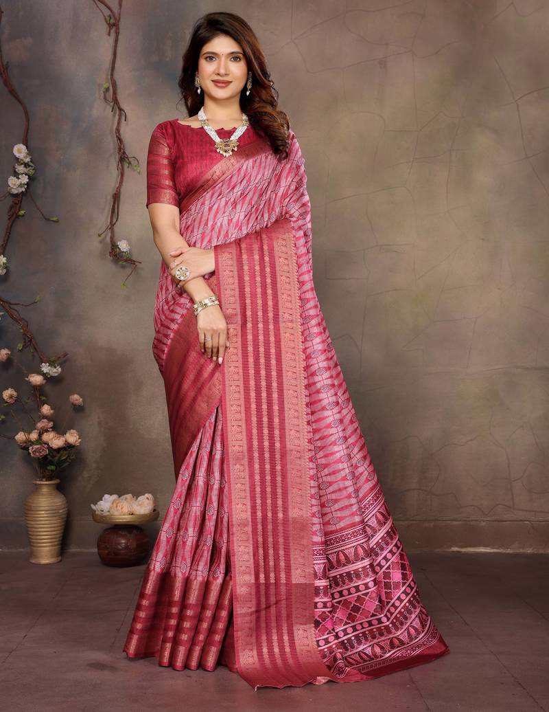 women's maroon dola silk blend digital print saree with unstitched blouse piece