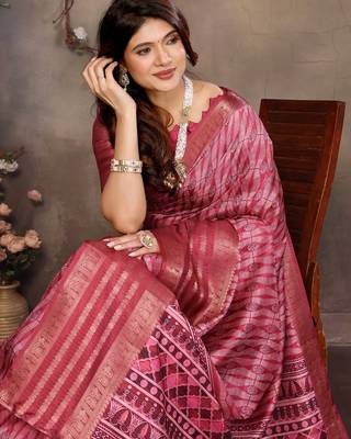 women's maroon dola silk blend digital print saree with unstitched blouse piece 2