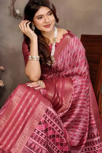 women's maroon dola silk blend digital print saree with unstitched blouse piece