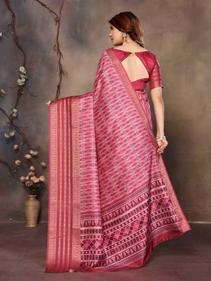 women's maroon dola silk blend digital print saree with unstitched blouse piece 3