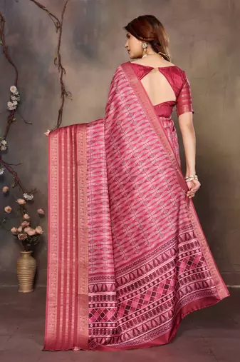 women's maroon dola silk blend digital print saree with unstitched blouse piece