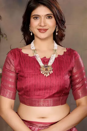 women's maroon dola silk blend digital print saree with unstitched blouse piece