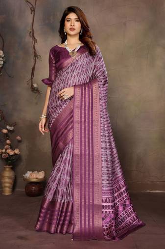 women's purple dola silk blend digital print saree with unstitched blouse piece