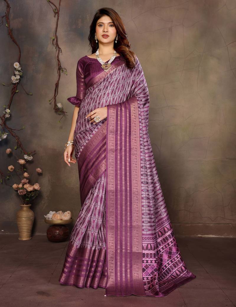 women's purple dola silk blend digital print saree with unstitched blouse piece