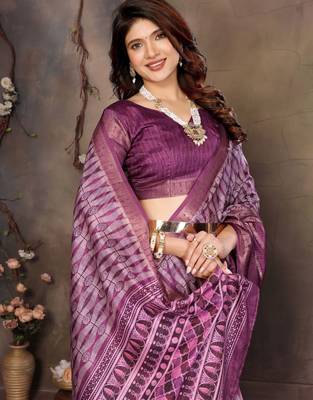women's purple dola silk blend digital print saree with unstitched blouse piece 2
