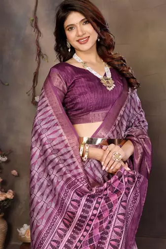 women's purple dola silk blend digital print saree with unstitched blouse piece