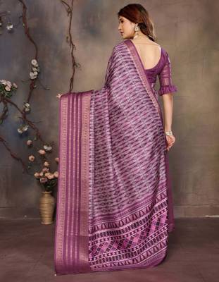women's purple dola silk blend digital print saree with unstitched blouse piece 3