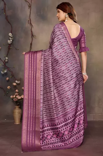 women's purple dola silk blend digital print saree with unstitched blouse piece