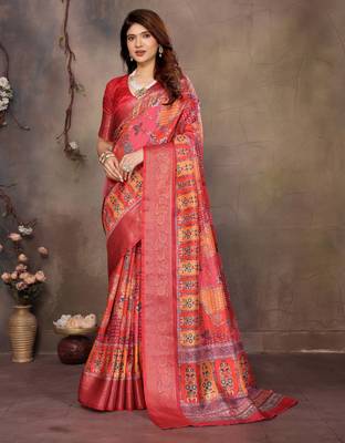 women's maroon dola silk blend digital print saree with unstitched blouse piece 1