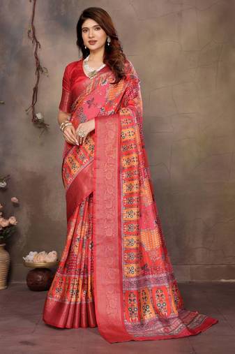 women's maroon dola silk blend digital print saree with unstitched blouse piece