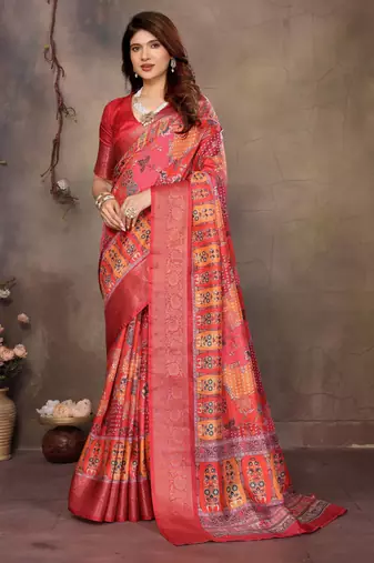 women's maroon dola silk blend digital print saree with unstitched blouse piece