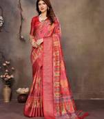 women's maroon dola silk blend digital print saree with unstitched blouse piece