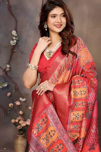 women's maroon dola silk blend digital print saree with unstitched blouse piece