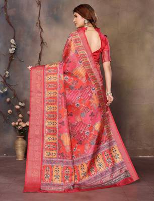 women's maroon dola silk blend digital print saree with unstitched blouse piece 3