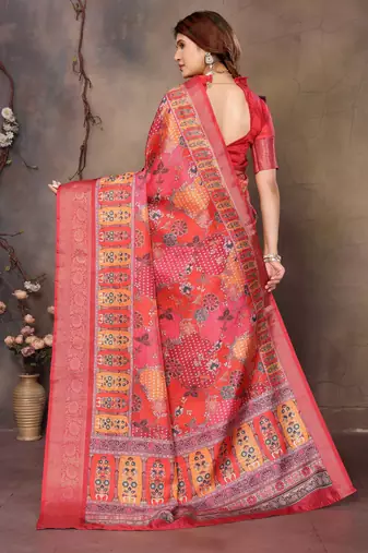 women's maroon dola silk blend digital print saree with unstitched blouse piece