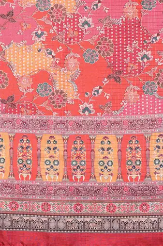 women's maroon dola silk blend digital print saree with unstitched blouse piece