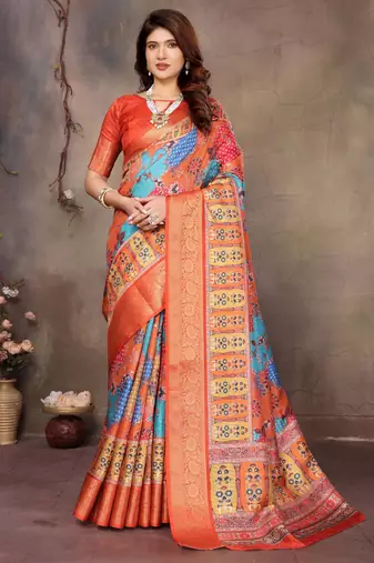 women's mustard dola silk blend digital print saree with unstitched blouse piece
