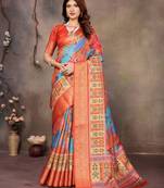 women's mustard dola silk blend digital print saree with unstitched blouse piece