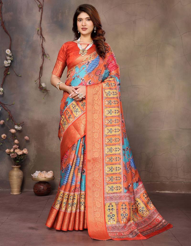 women's mustard dola silk blend digital print saree with unstitched blouse piece