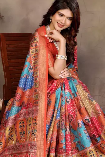 women's mustard dola silk blend digital print saree with unstitched blouse piece