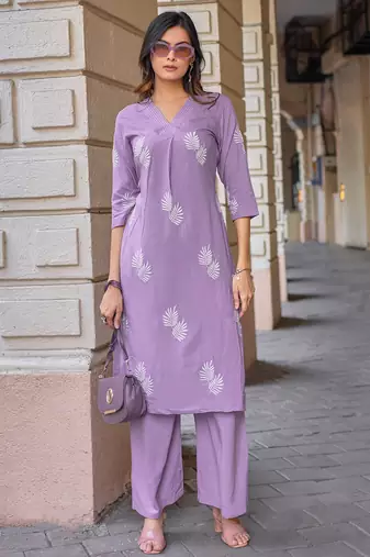 Floral Embroidered V-Neck Thread Work Straight Kurta With Palazzo