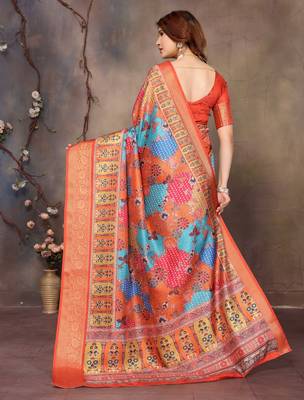 women's mustard dola silk blend digital print saree with unstitched blouse piece 3
