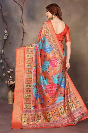 women's mustard dola silk blend digital print saree with unstitched blouse piece