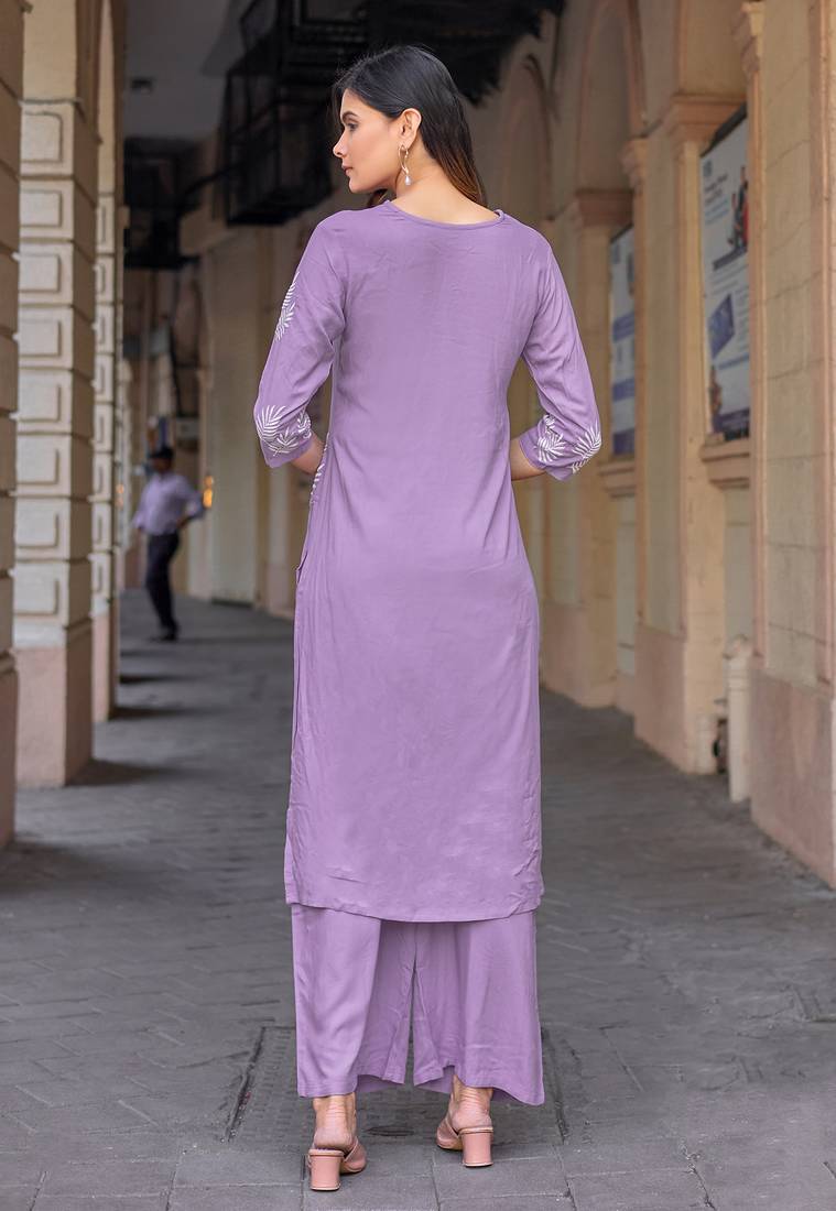 Floral Embroidered V-Neck Thread Work Straight Kurta With Palazzo