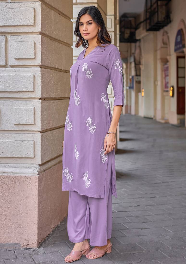 Floral Embroidered V-Neck Thread Work Straight Kurta With Palazzo