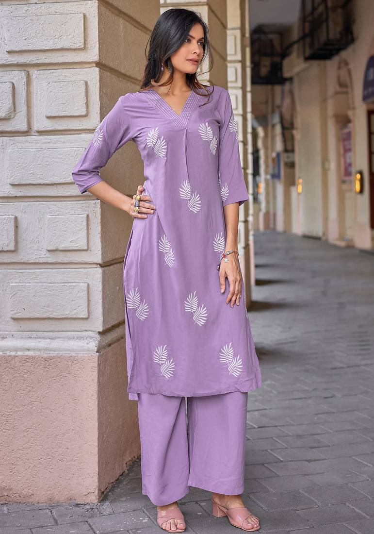Floral Embroidered V-Neck Thread Work Straight Kurta With Palazzo