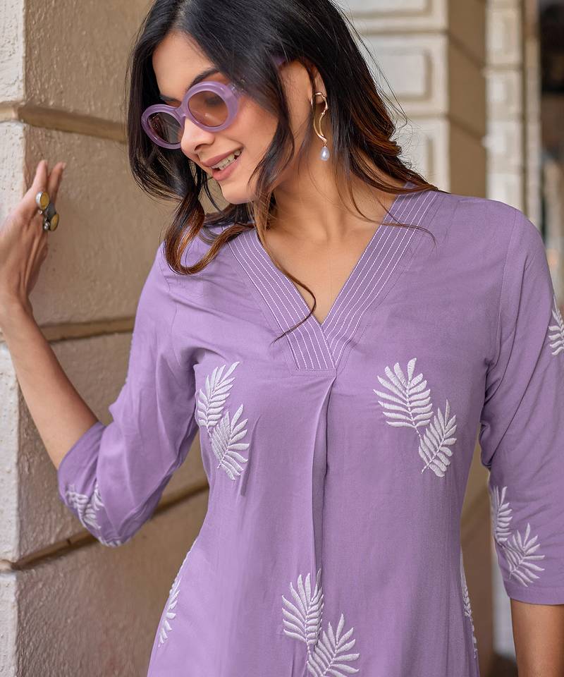 Floral Embroidered V-Neck Thread Work Straight Kurta With Palazzo