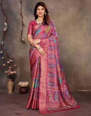 women's purple dola silk blend digital print saree with unstitched blouse piece 1