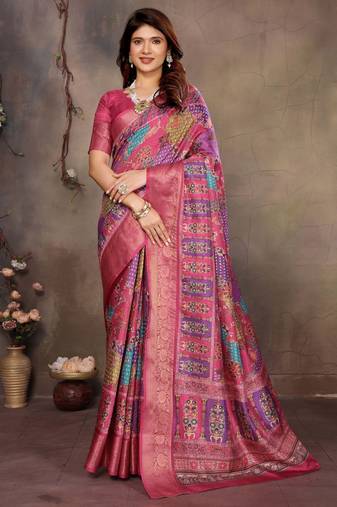 women's purple dola silk blend digital print saree with unstitched blouse piece