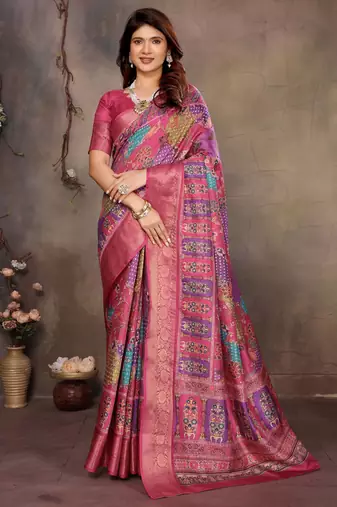 women's purple dola silk blend digital print saree with unstitched blouse piece