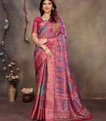 women's purple dola silk blend digital print saree with unstitched blouse piece