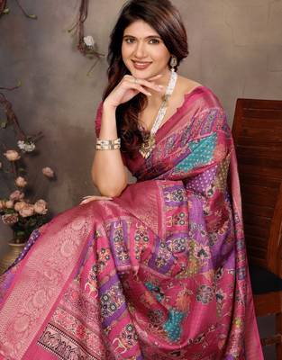 women's purple dola silk blend digital print saree with unstitched blouse piece 2